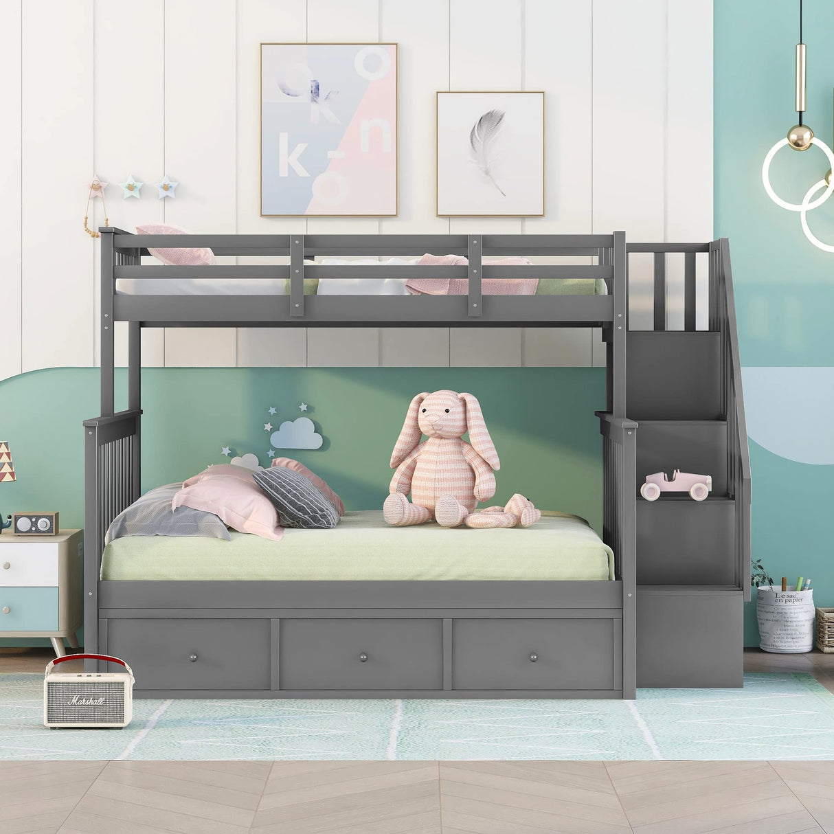Twin Over Full Bunk Bed with Stairs and Storage Drawers by Harper & Bright Designs in Grey Harper & Bright Designs