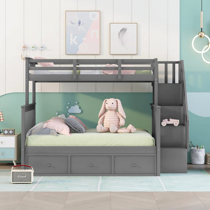 Twin Over Full Bunk Bed with Stairs and Storage Drawers by Harper & Bright Designs in Grey