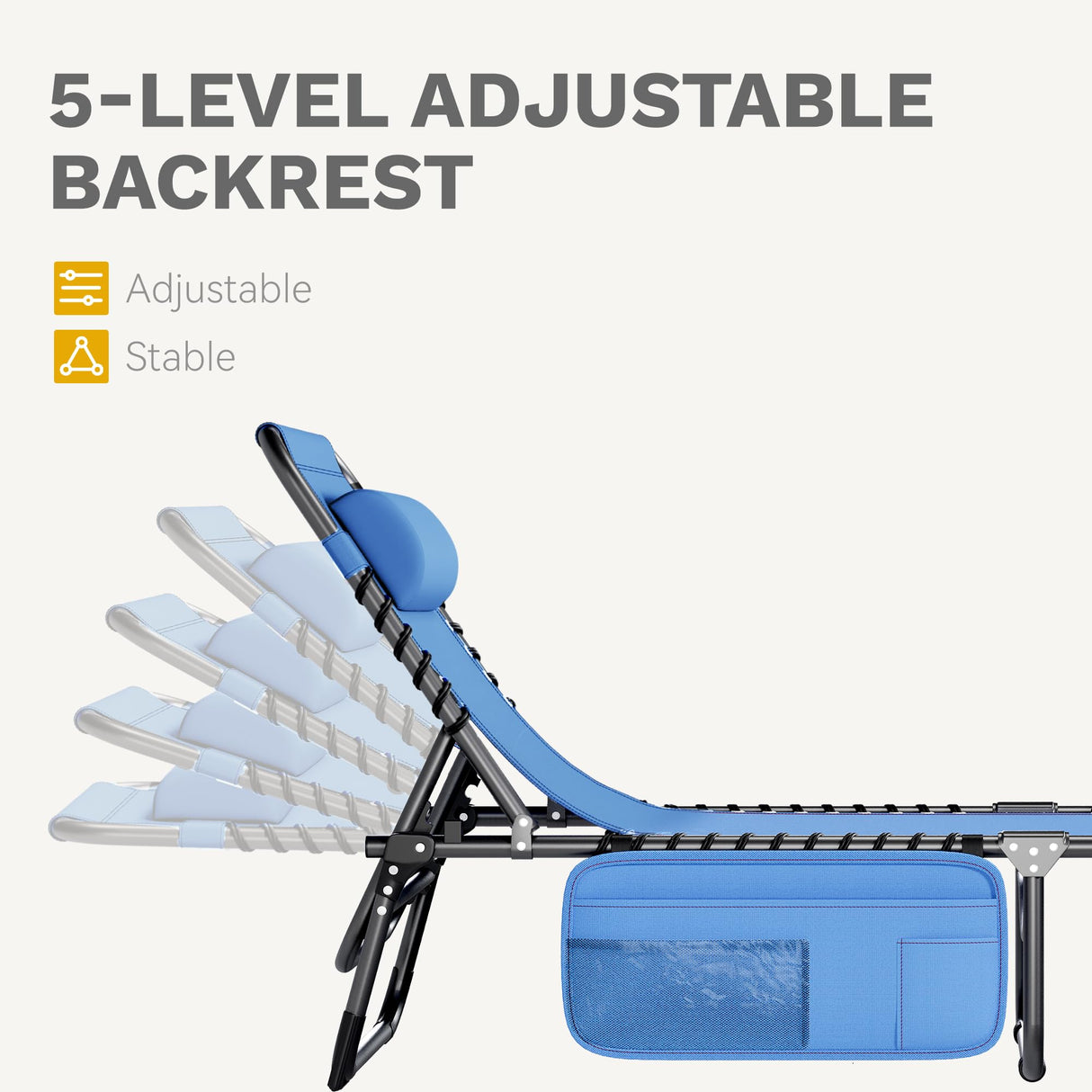 DWVO Patio Lounge Chair, Portable Recliner Lounge Chair Folding Camping Cot, Reclining Chairse Lounge 5 Posistion Adjustable w/Head Pillow & Portable Handbag for Camping, Pool, Beach and Patio, Blue DWVO