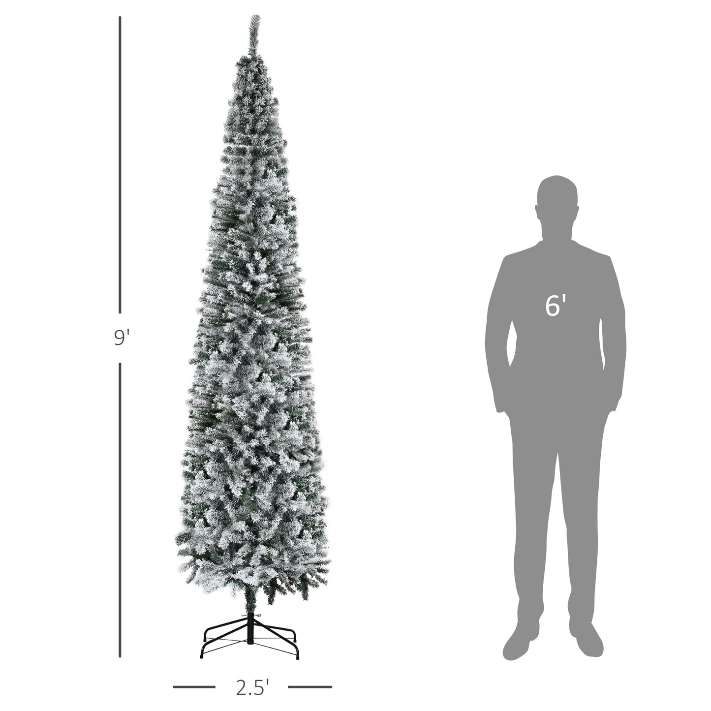 HOMCOM 9' Tall Unlit Snow-Flocked Slim Artificial Christmas Tree with Realistic Branches and 1014 Tips