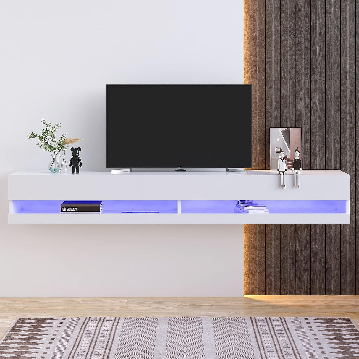 St.Mandyu Floating TV Stand for TVs Up to 85 inch,71'' Modern Entertainment Center with LED Lights and Power Outlets,Wall Mounted Media Console Hanging TV Shelf(White) St.Mandyu