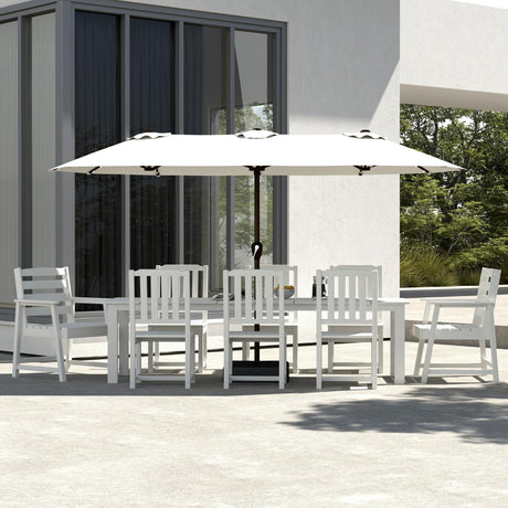 Patio Kingdom 9-Piece White Outdoor Dining Set with Beige 15FT Large Patio Umbrella, 75.2'' HDPE Table & Chairs for 8, Weather-Resistant Furniture with Umbrella Hole for Patio, Lawn, Poolside Patio Kingdom