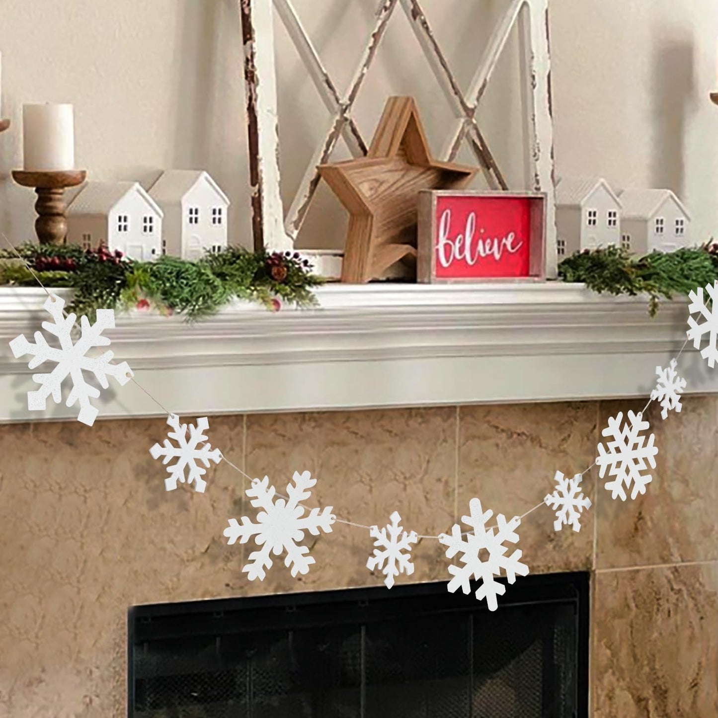 Christmas Decorations-Wooden Small & Big Snowflake Banner for Christmas Decor-Winter White Snowflake Garland for Home Office Party Fireplace Mantle Windows Shelf Farmhouse Decor