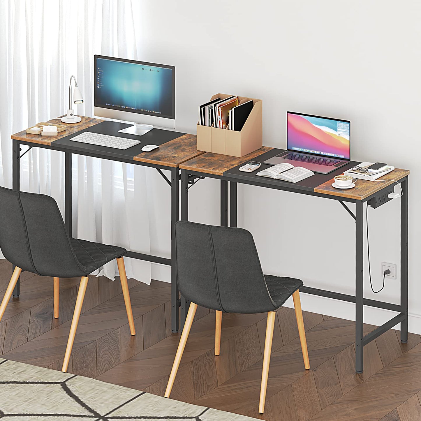 HOOBRO Computer Desk, Home Office Desk with Power Outlet, Modern Study Writing Desk with 3 Hooks for Study Room, Home Office, Sturdy and Stable, Easy to Assemble, Rustic Brown and Black BF40U - WoodArtSupply