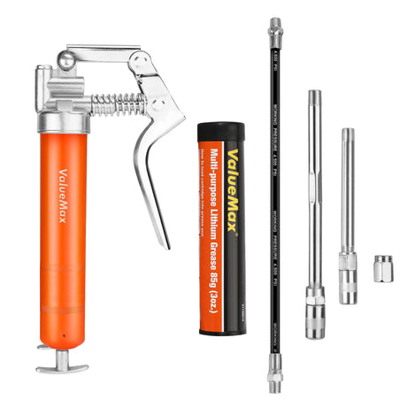 ValueMax Mini Grease Gun Kit (3500 PSI) with 3 OZ Grease, 12'' Flexible Hose, 5'' & 3” Extension Tubes, Pistol Grip, Reinforced Construction, Fit for Automotive, Marine, Industrial ValueMax