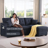 Yafylly L-Shaped Sofa with Storage and Pull-Out Bed, Convertible Futon Chaise Lounge with Ports, Recliner for Living Room, Bedroom, Apartment, Office, Dark Blue Yafylly