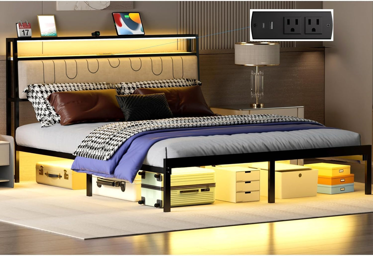 J.Fkne Full Bed Frames with Charging Station and LED Lights, Full Size Platform Bed with Metal Slats, Upholstered Headboard with 2-Tier Storage Shelves, No Box Spring Needed, Easy Assembly, Black J.Fkne
