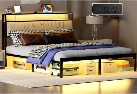J.Fkne Full Bed Frames with Charging Station and LED Lights, Full Size Platform Bed with Metal Slats, Upholstered Headboard with 2-Tier Storage Shelves, No Box Spring Needed, Easy Assembly, Black J.Fkne