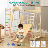 Upgraded Indoor Playground 9-in-1 Jungle Gym Kids Climbing Toys, Montessori Philosophy Waldorf Style Wooden Climber Playset with Slide, Swing, Monkey Bars, Upright/Rope Ladder, Climb Net, Rainbow BlueWood