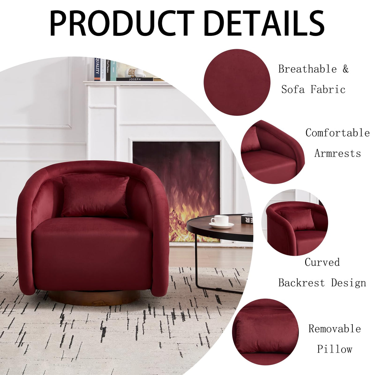 WAIRGUD 360 Degree Swivel Barrel Chair, Comfy Upholstered Accent Chair Modern Velvet Fabric Swivel Chair Pumpkin-Shaped Arm Chair for Living Room Bedroom Apartment Office (Wine Red) WAIRGUD