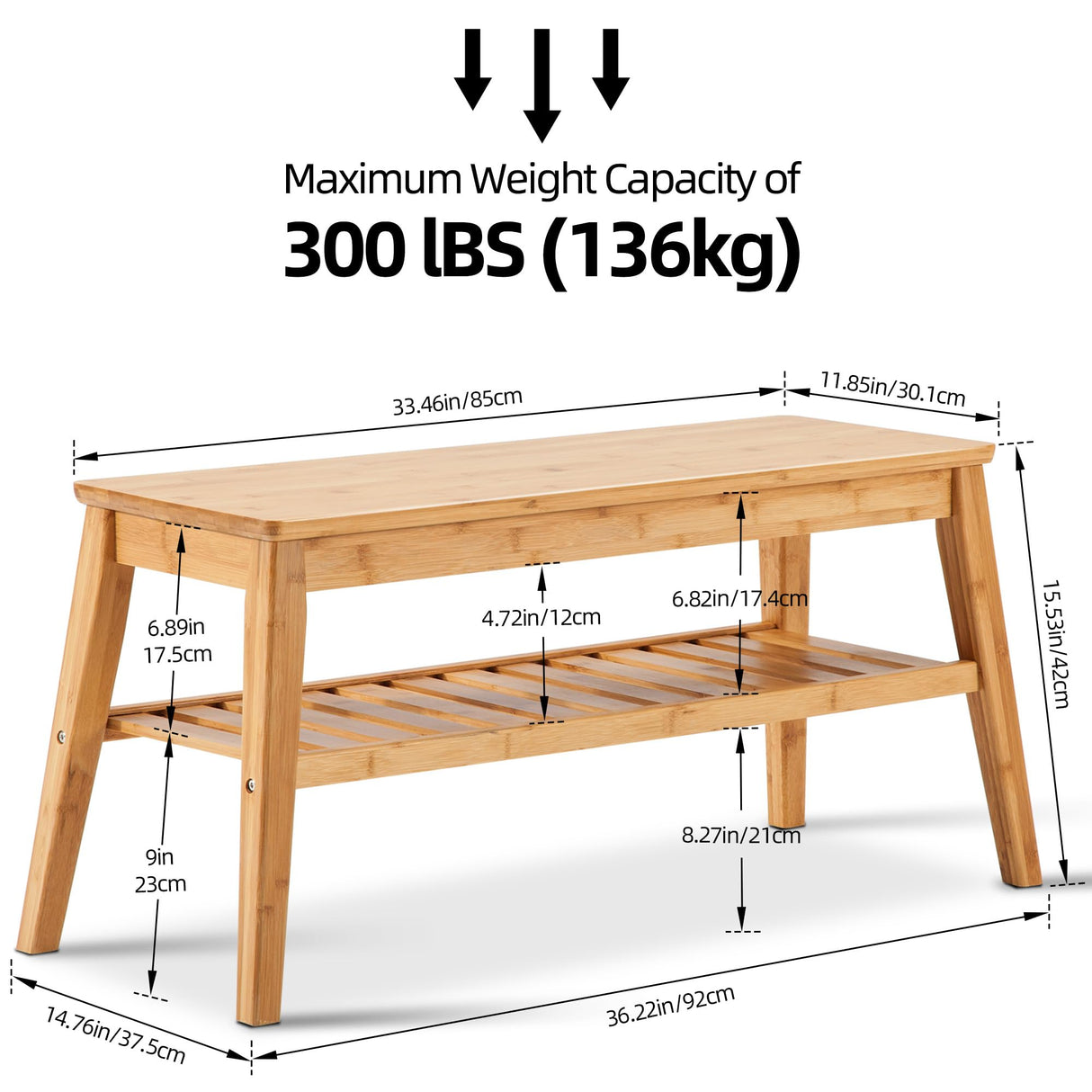 Nnewvante Bamboo Entryway Bench, 33.46" End of Bed Bench for Bedroom, 2 Tier Modern Indoor Bench for Living Room, Dining Room, Hallway, Holds up to 300lbs Nnewvante