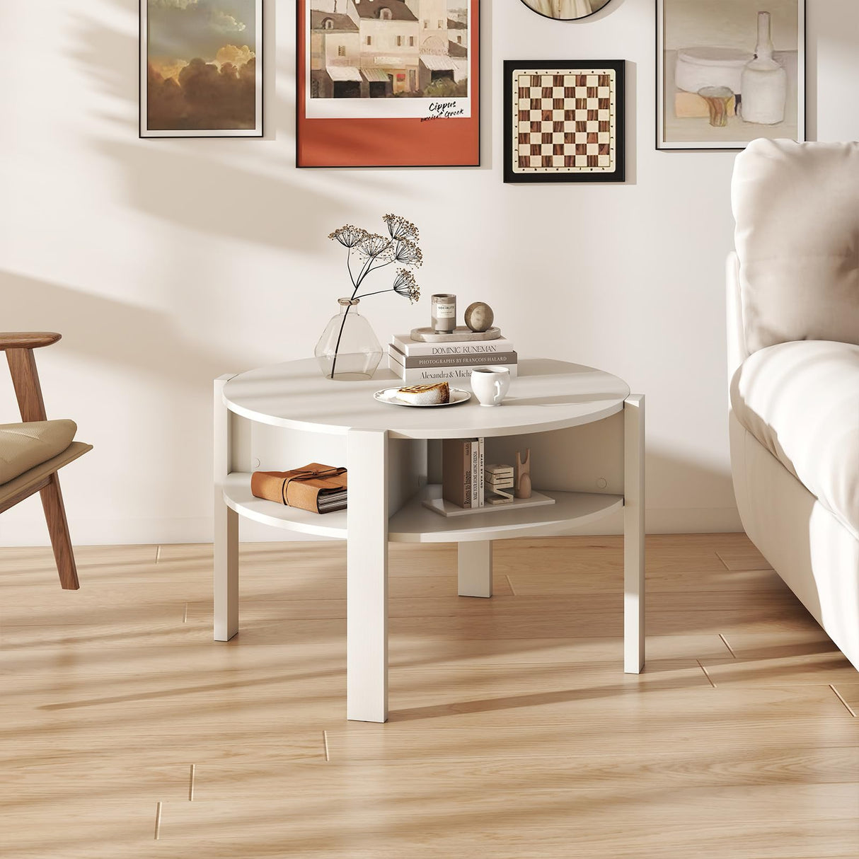 Giantex Round Coffee Table, 2-Tier Mid Century Modern Tea Cocktail Table with Storage Shelves & 4 Side Compartments, Wood Center Table for Living Room, Small Spaces (White) Giantex