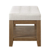 24KF Large Rectangular Upholstered Tufted Linen Ottoman Bench, Padded Bench with Solid Wood Shelf-Ivory 24KF