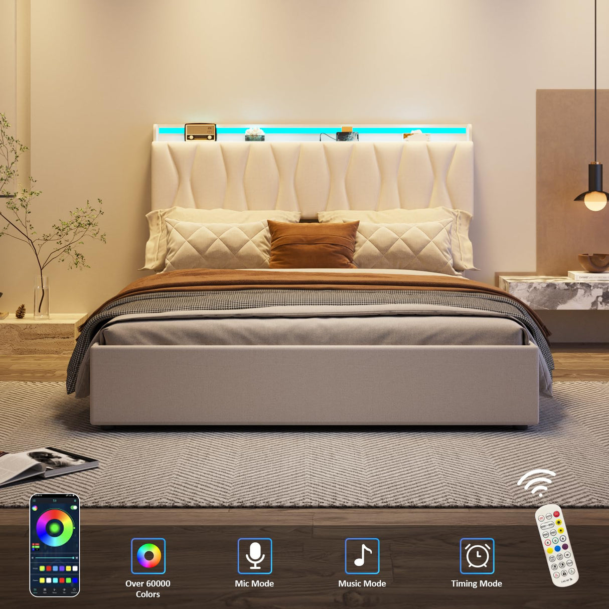 King Size Lift Up Storage Bed Frame, Height Adjustable Storage Headboard with Charging Station, LED Lights Upholstered Platform Bed, Wooden Slat, No Box Spring Needed, Noise-Free, Beige Fameill