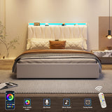 King Size Lift Up Storage Bed Frame, Height Adjustable Storage Headboard with Charging Station, LED Lights Upholstered Platform Bed, Wooden Slat, No Box Spring Needed, Noise-Free, Beige Fameill