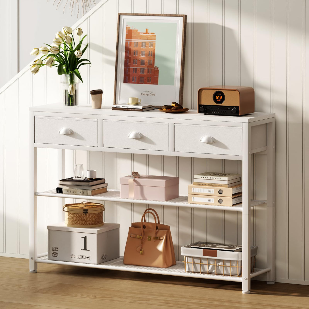 Furologee White Entryway Table, 38'' Console Sofa Table with 3 Fabric Drawers, Industrial Entry Way Table with Storage Shelves, Display Shelf for Living Room, Hallway, Entrance, Foyer Furologee