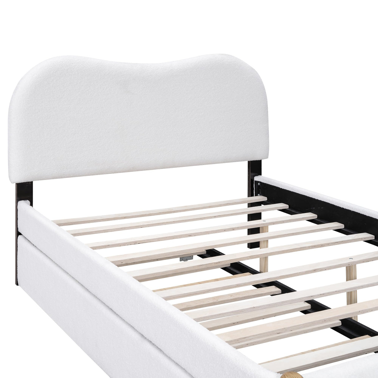 Merax Full Size Upholstered Platform Bed with Wood Supporting Feet and Twin Size Trundle, White Merax