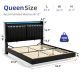 Jocoevol Queen Size Floating Bed Frame with Ergonomic Hidden Storage Headboard and LED Lights, Visual Floating LED Bed Frame with Charing Station, Leather Upholstered Platform Bed, Heavy Duty, Black Jocoevol