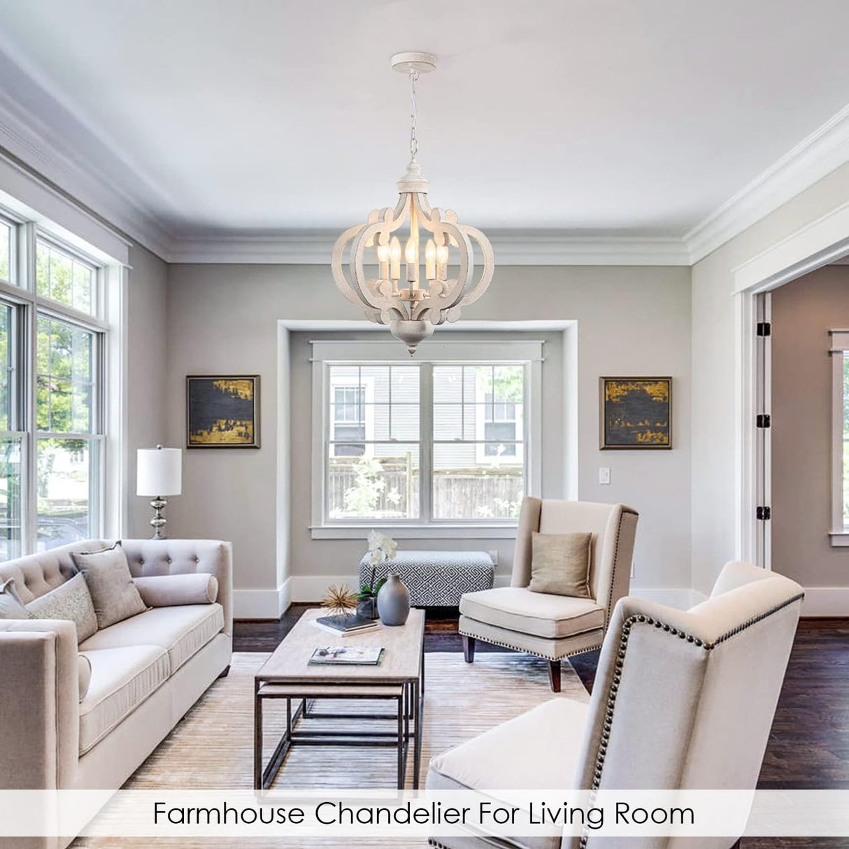 Wooden Farmhouse Chandelier, 5 Lights Antique Distressed White Cottage French Country Chandelier Ceiling Light Fixture Vintage Rustic Pendant Light for Kitchen Island Living Dining Room Bedroom Foyer YCZHCC