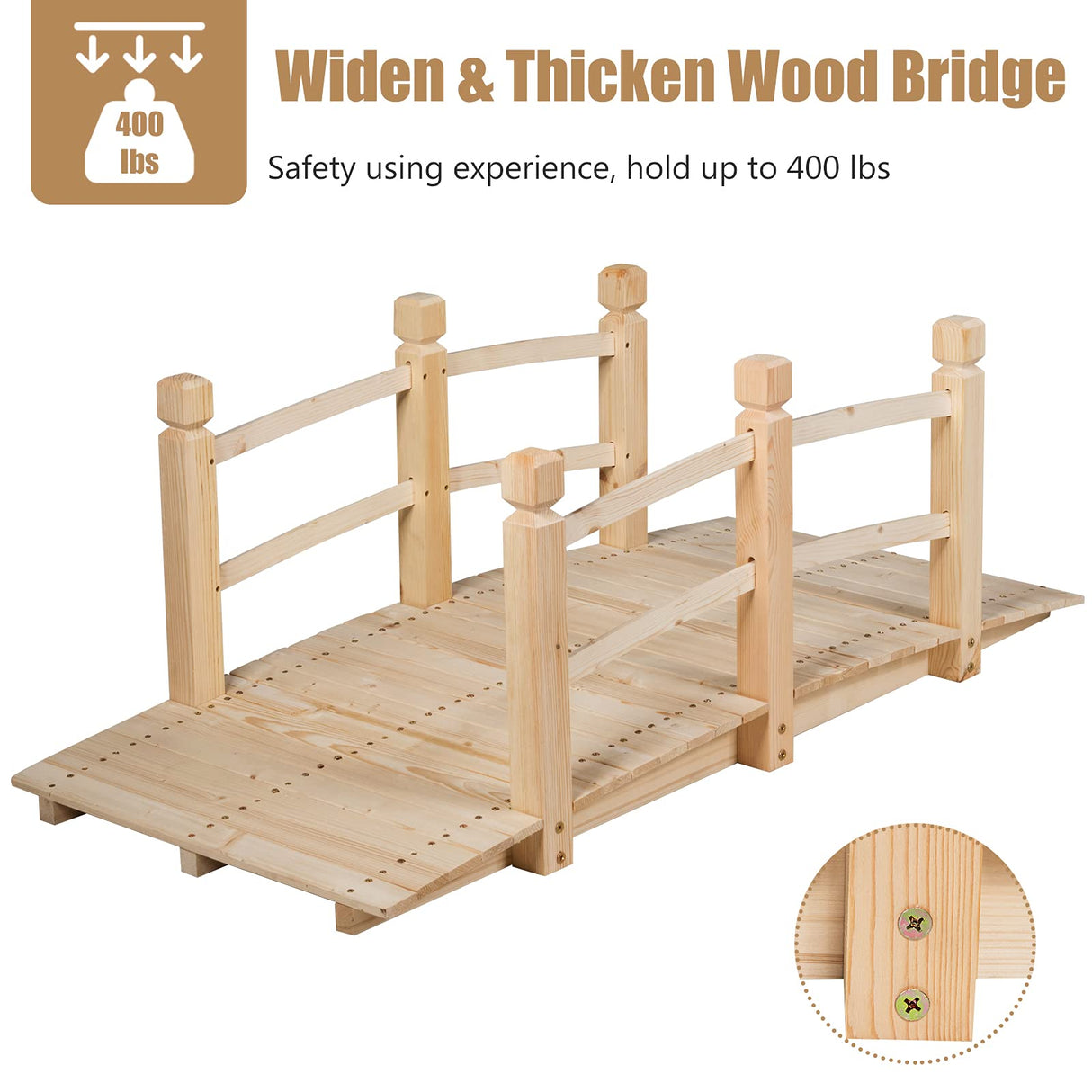 S AFSTAR Garden Bridge, 5FT Wooden Arc Footbridge for Outdoors with Safety Guardrails, Decorative Landscaping for Garden Yard Walkway Creek Farm, 400 LBS Capacity (Natural Finished) S AFSTAR