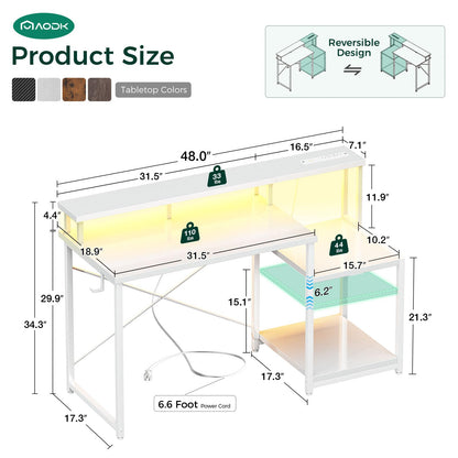 AODK Computer Desk, 48 Inch Gaming Desk with Led Lights & Power Outlet, Office Desk with Printer Storage Shelves, Reversible Desk with Monitor Shelf & Headphone Hook, White