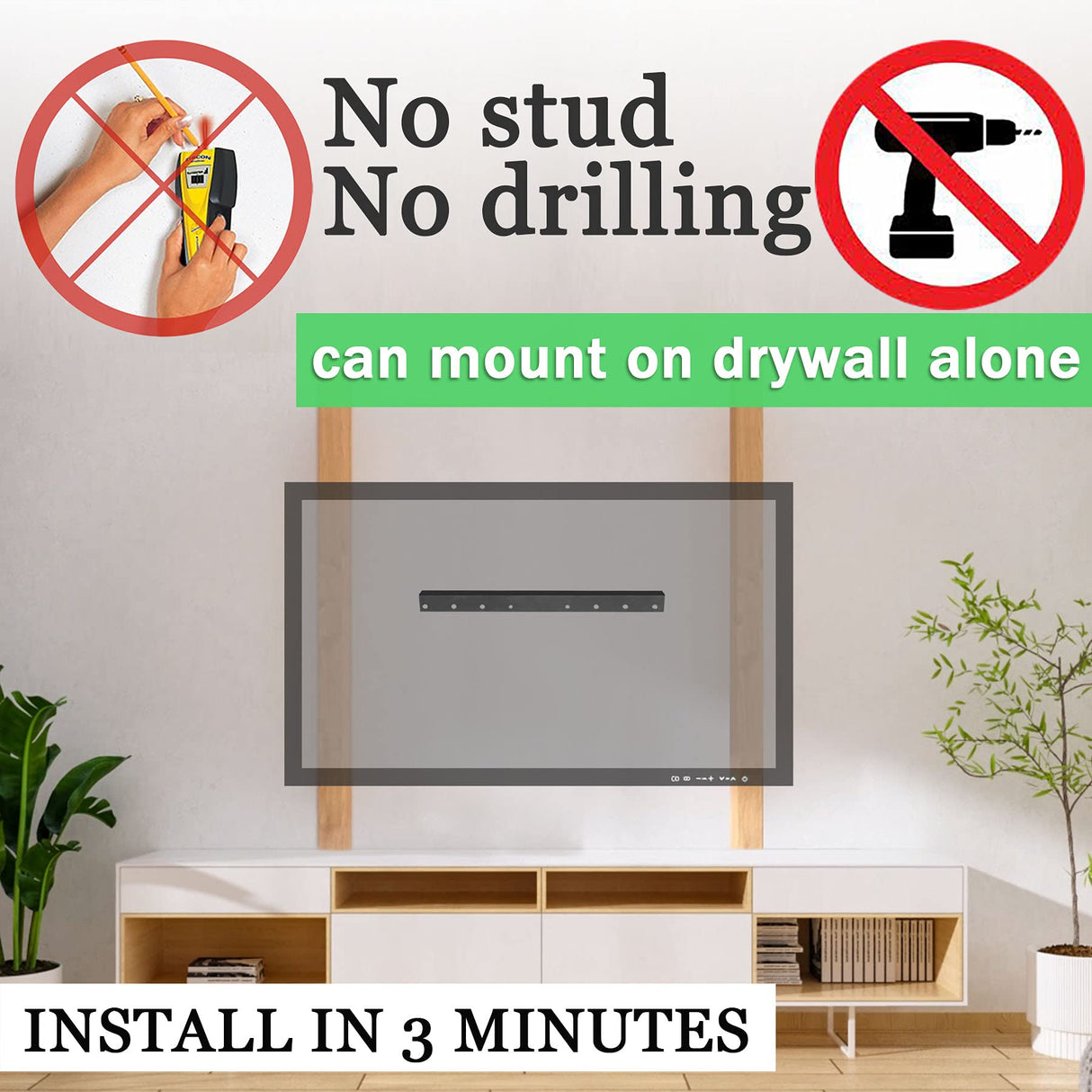 No Stud TV Wall Mount, Drywall Studless TV Hanger No Damage, No Drill, Non Screws, Flat Screen Easy Install Bar Bracket fits VESA 12-55 inch TVs up to 99 lbs, Include Hardware Levels Auoace