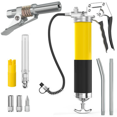 Grease Gun with Needle Coupler, 8000 PSI Heavy Duty Pistol Grip Grease Gun Kit with 14 oz Load, 18 Inch Spring Flex Hose, 2 Working Coupler, 2 Extension Rigid Pipe, Sharp Type Nozzle and Clean Cap