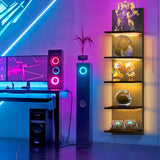 5 Tier White Floating Shelves with Light LED Wall Mount Vertical Lack Shelf with LED Wall Decor Shelves for Bedroom Living Rooms Bathroom Book Gaming Shelves Black BEARUT