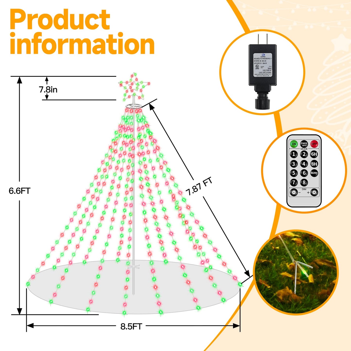 Ollny Christmas Lights Tree Red&Green 340LED with Topper Star, IP67 Waterproof Remote Control Waterfall Lights with Pole, 8 Lighting Modes Timer Dimmable Christmas Decorations Outdoor Yard Garden Lawn