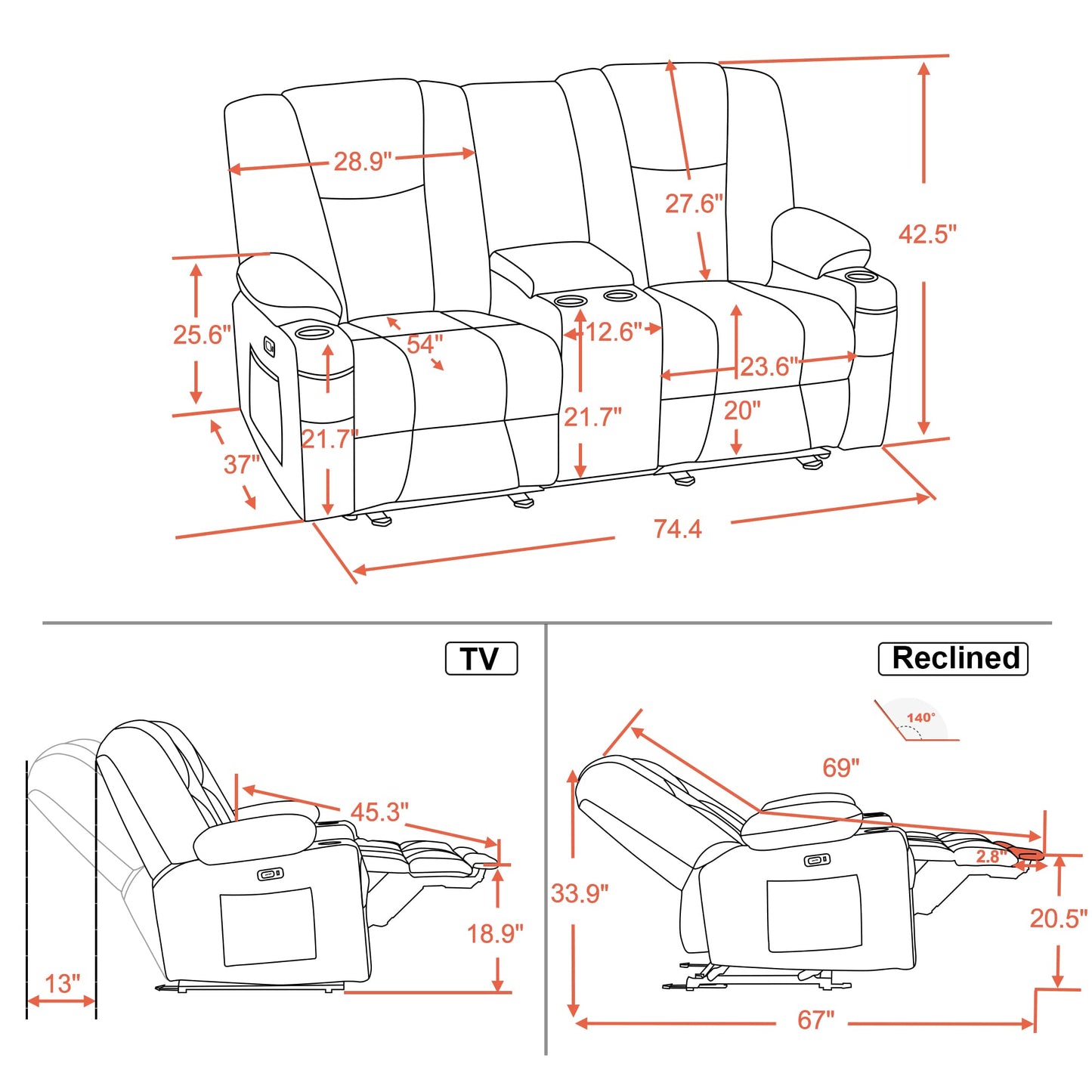 MCombo Fabric Power Loveseat Recliner with Console, Electric Reclining Loveseat Sofa with Heat and Massage, Cup Holders, USB Charge Port for Living Room 6045 (Grey)