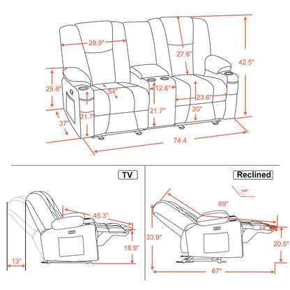 MCombo Fabric Power Loveseat Recliner with Console, Electric Reclining Loveseat Sofa with Heat and Massage, Cup Holders, USB Charge Port for Living Room 6045 (Grey)