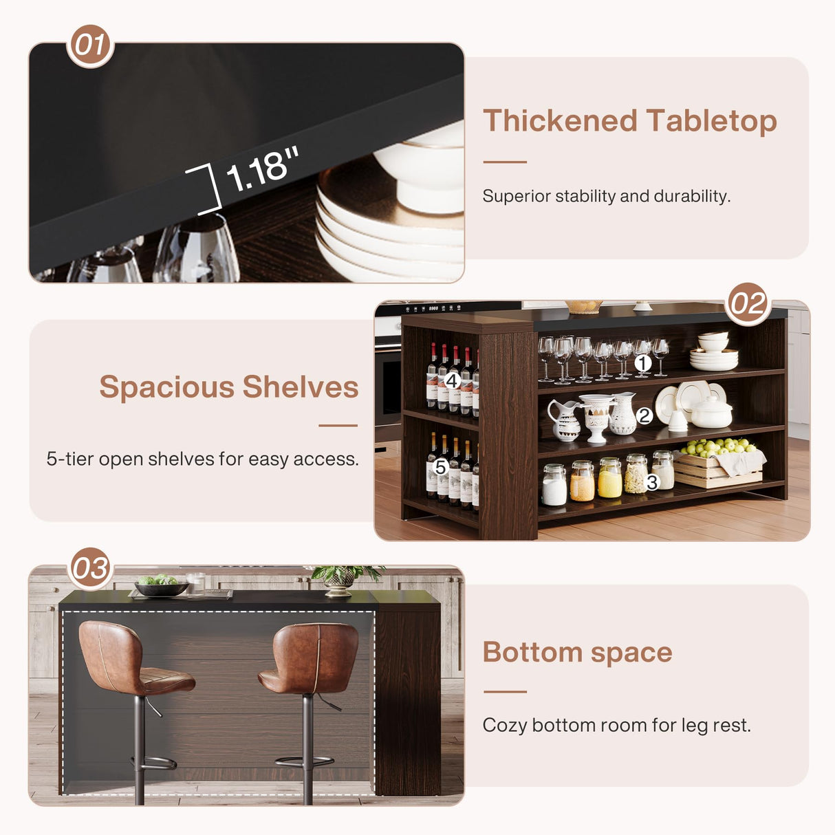 Tribesigns 55" Kitchen Island with Storage, Farmhouse 5-Tier Stationary Island Table with 5 Shelves, Wood Coffee Bar Table Storage Cabinet with Large Countertop for Kitchen, Dining Room Tribesigns