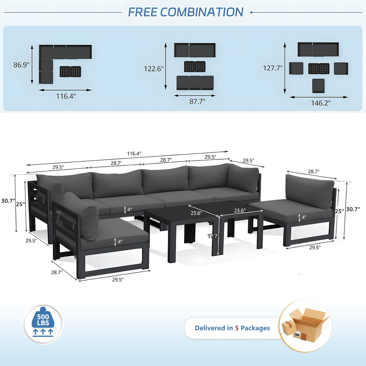 NICESOUL 8 Piece Modern Aluminum Patio Furniture Set Deep Seated, Extra Wide Modular Outdoor Sectional for 6 People, 500 lbs Heavy Duty L-Shaped Oversized Sofa Couch for Outside Backyard, Ember Black NICESOUL