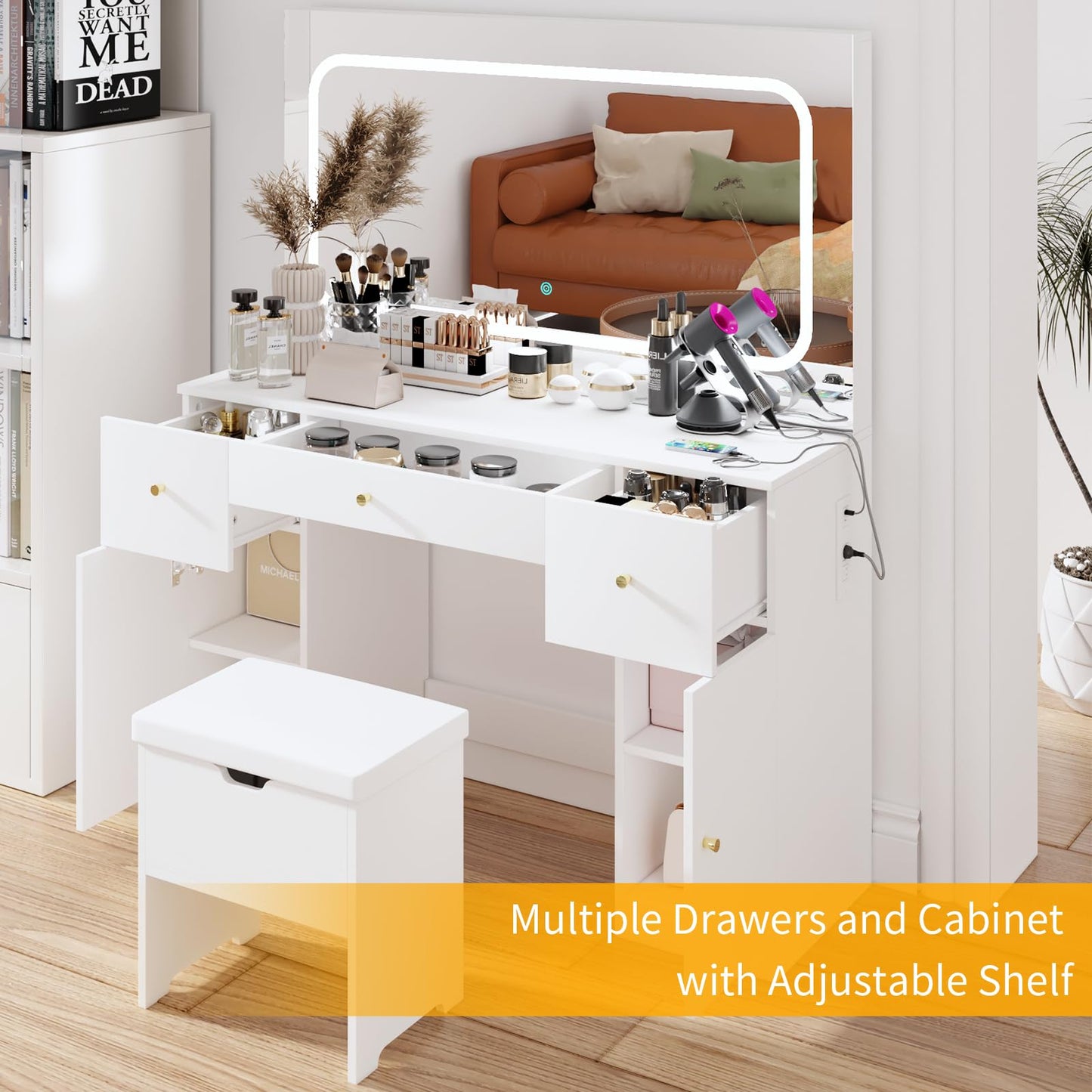 ClouDDwell Makeup Vanity Desk with Large Mirror and LED Lights, 3 Lighting Modes and Power Outlet. Makeup Vanity with 3 drawers,2 Cabinets and chair,Stool with storage,for bedroom, white.