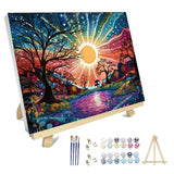 hyzsj Paint by Numbers Kit for Adults with Frame, Sun Paint by Numbers for Adults, Tree River Paint by Number with Easel, DIY Paint by Number Kits for Home Wall Decor （11.8x15.7inch ） hyzsj