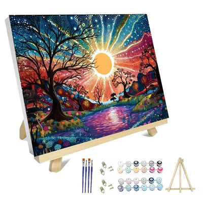 hyzsj Paint by Numbers Kit for Adults with Frame, Sun Paint by Numbers for Adults, Tree River Paint by Number with Easel, DIY Paint by Number Kits for Home Wall Decor （11.8x15.7inch ）