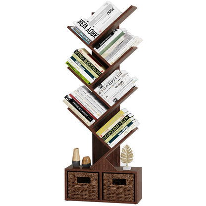 Vagusicc Tree Bookshelf, 6 Tier Bookshelf with Storage, Tall Narrow Bookcase, Rustic Wood Book Storage Rack for CDs/Books, Small Book Organizer Shelves for Bedroom Living Room, Home Office, Brown