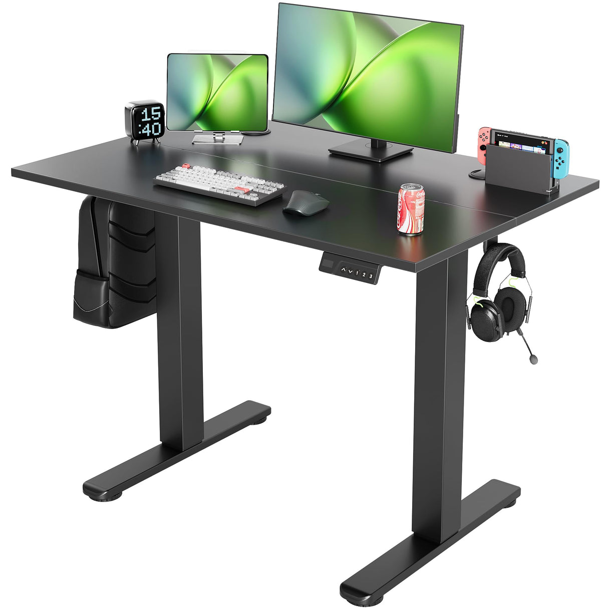 Seang Electric Standing Desk Adjustable Height, 40 x 24 Inch Sit Stand Desk with T-Shaped Frame, 3 Memory Presets & Cable Management for Home Office Computer Workstation, Black Frame/Black Top Seang