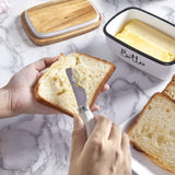 Butter Dish with Lid and Knife for Countertop, Airtight Butter Keeper for Counter or Fridge, Ceramic Butter Container with Thick Acacia Wood Lid, for Farmhouse Kitchen Decor and Accessories, White ALELION