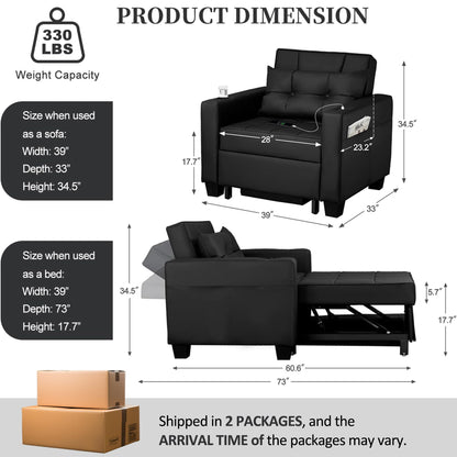 DURASPACE Pull Out Sofa Bed 3-in-1 Convertible Sofa Sleeper Chair Bed with USB, Cup Holder, Adjustable Armchair Beds for Small Spaces, Apartment, Living Room, Office (Black Faux Leather)