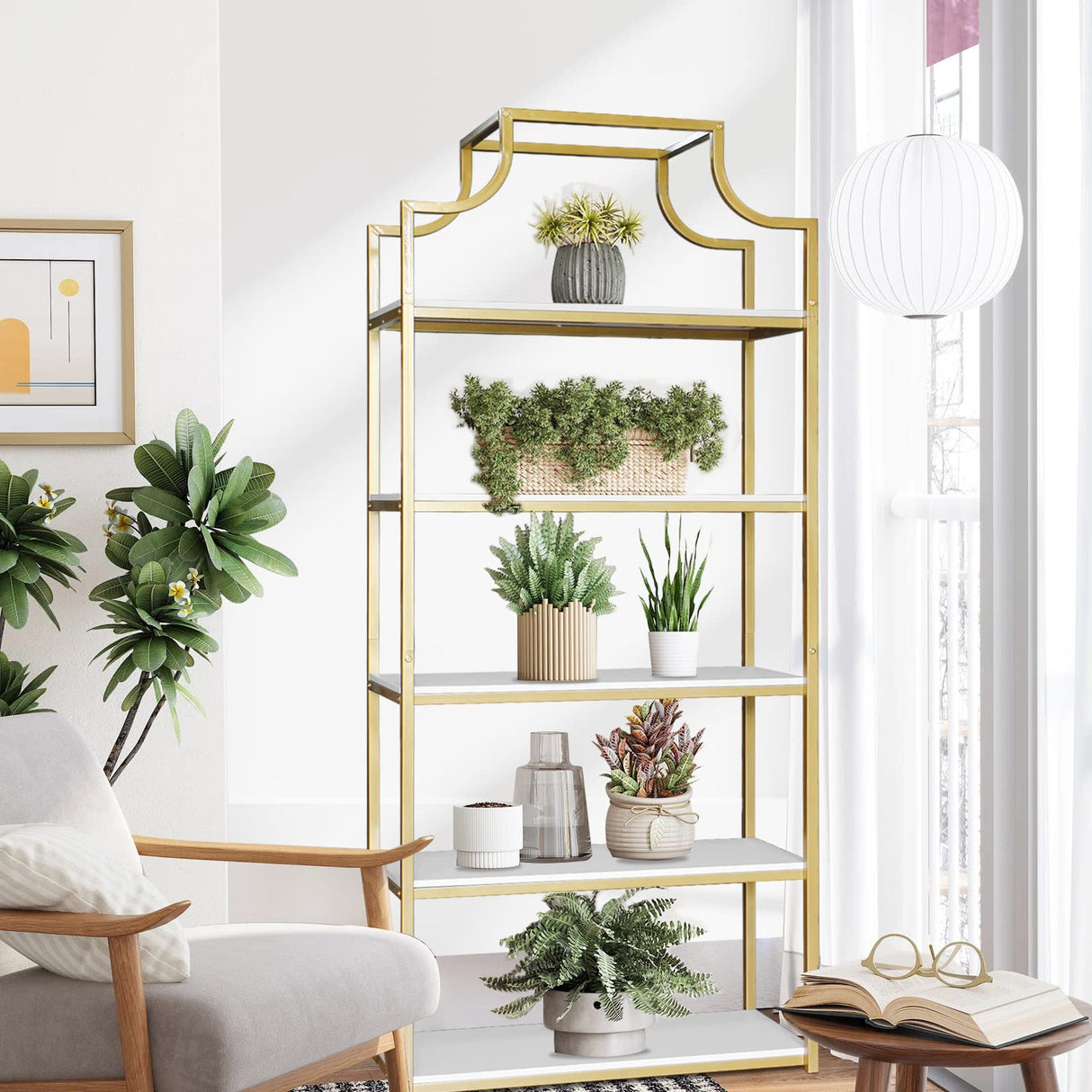 TooCust 5-Tier Gold Bookcase, 29.5" Lx70.6 H, Bookshelf for Bedroom,Gold Book Display Shelf, Arched Bookcase, Organizer Rack for Living Room, Gold Freestanding Display Shelf,White and Gold Bookshelf TooCust