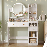 Vabches Vanity with Round Mirror and Lights,39 Inch Makeup Vanity Table with 3 Storage Compartments&Drawers,White Vanity with Glass Door Cabinet&Power Strip,Dressing Table for Bedroom Vabches