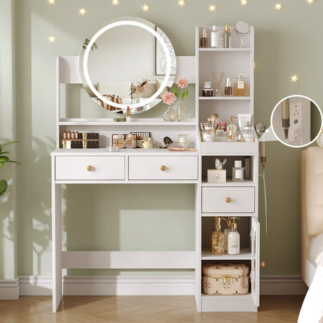 Vabches Vanity with Round Mirror and Lights,39 Inch Makeup Vanity Table with 3 Storage Compartments&Drawers,White Vanity with Glass Door Cabinet&Power Strip,Dressing Table for Bedroom Vabches