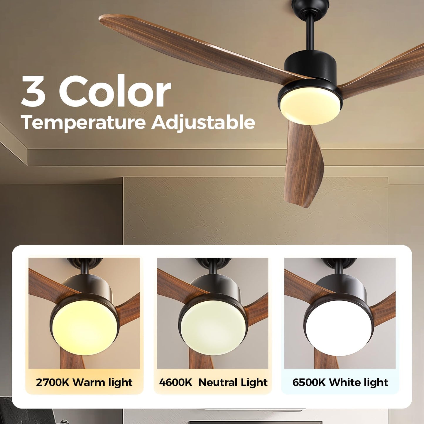 Wood Ceiling Fans with Lights: 52 Inch Outdoor Ceiling Fan with and Lights Remote Noiseless DC Motor 6 Speeds Timing 3 Downrods Reversible Modern Ceiling Fan for Outdoor Patio Indoor Bedroom-Walnut