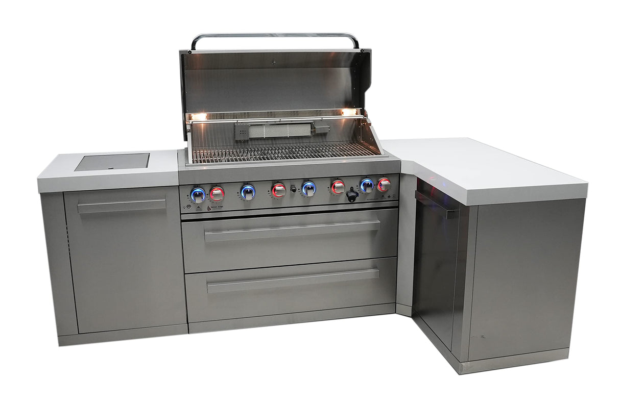 Mont Alpi MAi805-90 44-inch 6-Burner 115000 BTU 90 Degree Corner Stainless Steel Gas Outdoor Kitchen Bar Barbecue Island Grill + Infrared Side & Rear Burners + Granite Countertops + Storage Drawers Mont Alpi