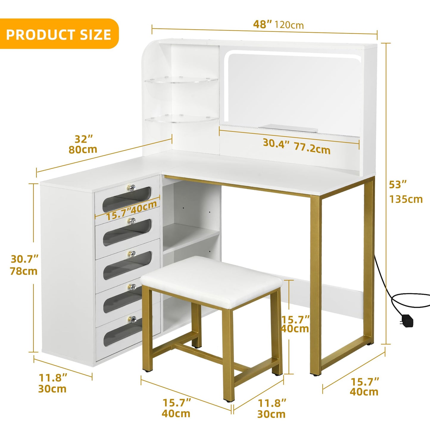 YITAHOME Vanity Desk Set- L Makeup Vanity with Mirror and Lights 3 Lighting Modes, 48" Large Dressing Table with 5 Tempered Glass Drawers with Open Storage Shelves Vanity Table, Milky White Upgraded