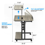 Mobile Standing Desk, Adjustable Rolling Computer Desk with 3 Desktops, Portable Laptop Table with Cup Holder, Home Office Laptop Workstation on Lockable Wheels, Grey Oak Panta