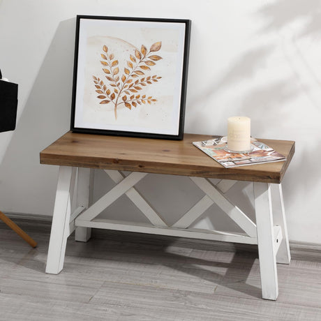 Wnutrees 30" Farmhouse Wood Bench, Rustic Solid Wood Entryway Bench Seat with Double X-Structure for Dining Room, Living Room, Hallway, Structural Stability, White Wnutrees