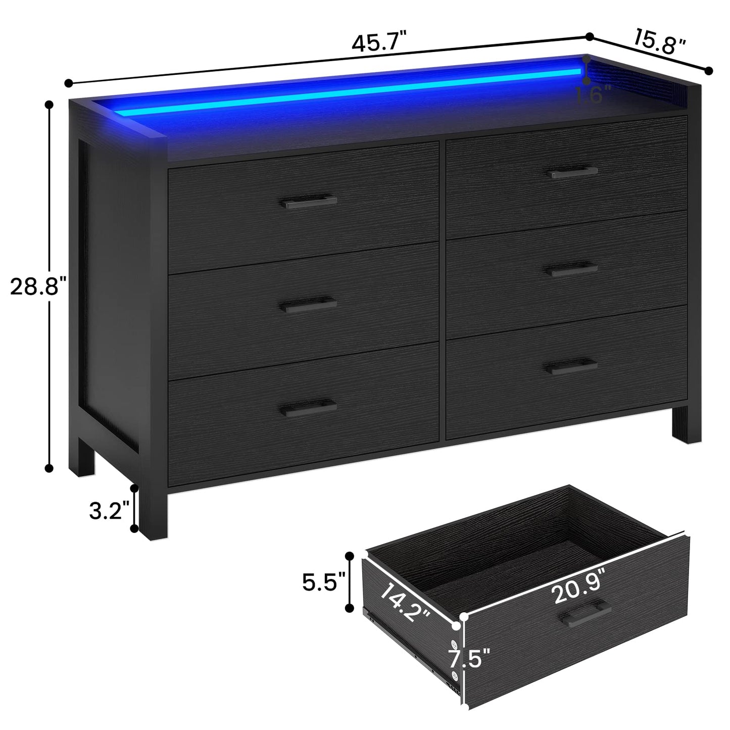 Hasuit Black Dresser for Bedroom with LED Lights, Large Capacity Wooden Storage Cabinet, Chest of 6 Drawers Dresser, LED Dresser for Hallway, Entryway (Modern Black) - WoodArtSupply