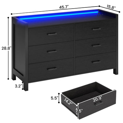 Hasuit Black Dresser for Bedroom with LED Lights, Large Capacity Wooden Storage Cabinet, Chest of 6 Drawers Dresser, LED Dresser for Hallway, Entryway (Modern Black) - WoodArtSupply